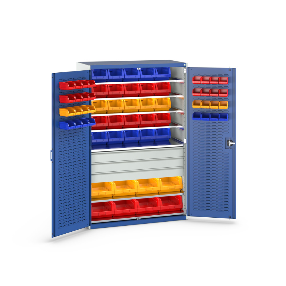Armoire Cubio SMF-13620-2.3 – Portes à Bacs, 7 Tablettes, 3 Tiroirs, 65 Bacs – 1300x650x2000 mm 2