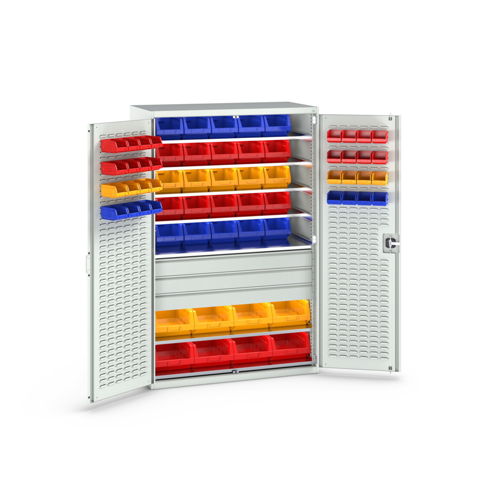 Armoire Cubio SMF-13620-2.3 – Portes à Bacs, 7 Tablettes, 3 Tiroirs, 65 Bacs – 1300x650x2000 mm – RAL 7035 2