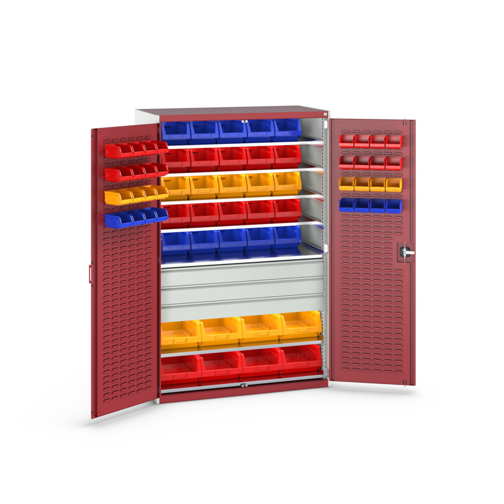 Armoire Cubio SMF-13620-2.3 – 65 bacs, 7 tablettes, 3 tiroirs – 1300x650x2000 mm – RAL 7035/3004 2