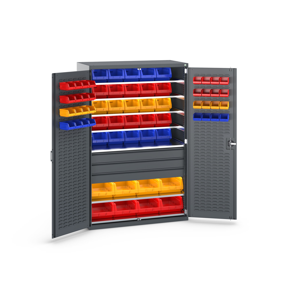 Armoire Cubio SMF-13620-2.3 – 65 bacs, 7 tablettes, 3 tiroirs – 1300x650x2000 mm – RAL 7016 - Image 2