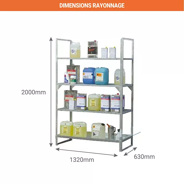 Rayonnage de rétention 4 niveaux – Acier galvanisé – Charge max 200kg par niveau – Rétention 20 L 2