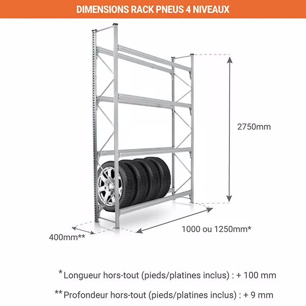 Petit rack à pneus 4 niveaux – Hauteur 2750 mm – Profondeur 400 mm – Rayonnage compact pour garage et atelier 2
