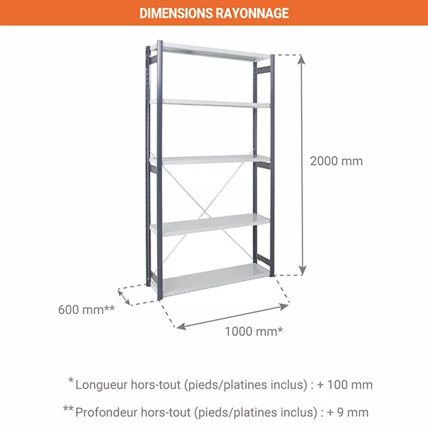 Rayonnage d&rsquo;atelier 5 niveaux galvanisé – Hauteur 2000 mm – Longueur 1000 mm – Stockage robuste pour atelier industriel 3