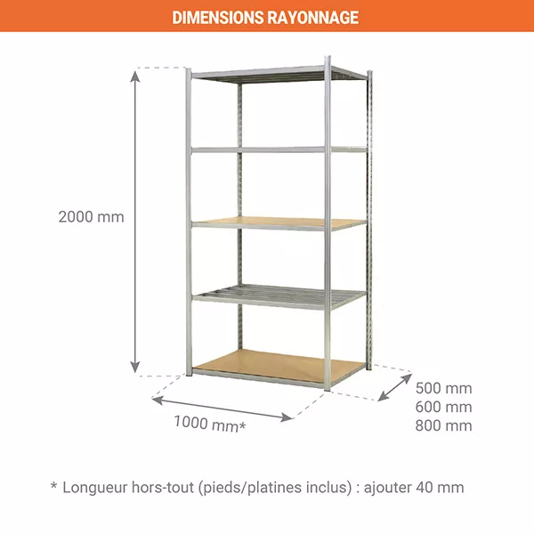Rayonnage d&rsquo;atelier 5 niveaux tubulaire galvanisé – Hauteur 2000 mm – Longueur 1000 mm 3