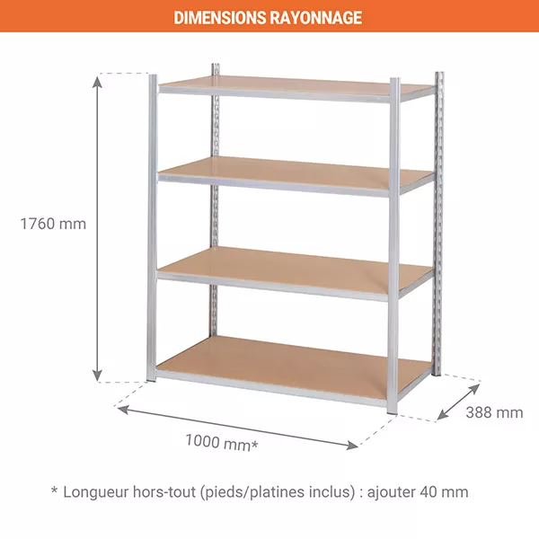 Rayonnage d&rsquo;atelier 4 niveaux tubulaire – Hauteur 1760 mm – Longueur 1000 mm – Finition galvanisée 3