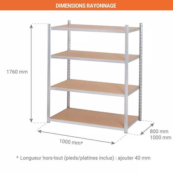Rayonnage d&rsquo;atelier 4 niveaux tubulaire – Hauteur 1760 mm – Longueur 1000 mm – Galvanisé 3