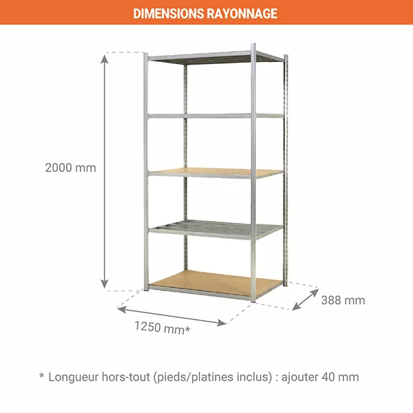 Rayonnage d&rsquo;atelier 5 niveaux tubulaire – Hauteur 2000 mm – Longueur 1250 mm – Finition galvanisée 3