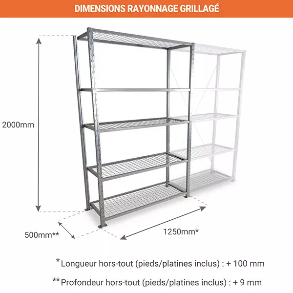 Rayonnage grillagé 5 niveaux – Tablettes grillagées monobloc – Hauteur 2000 mm – Longueur 1250 mm – Profondeur 500 mm 3
