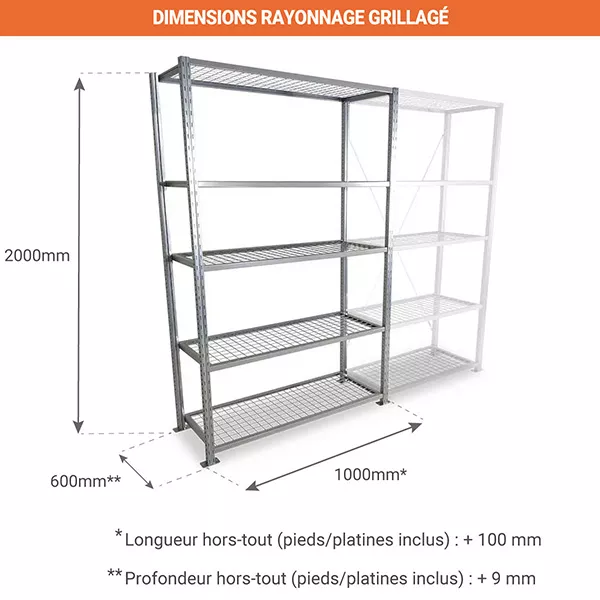 Rayonnage grillagé 5 niveaux – Tablettes grillagées APSAD R1 – Hauteur 2000mm – Longueur 1000mm – Profondeur 600mm – Charge max 200kg/niveau 3