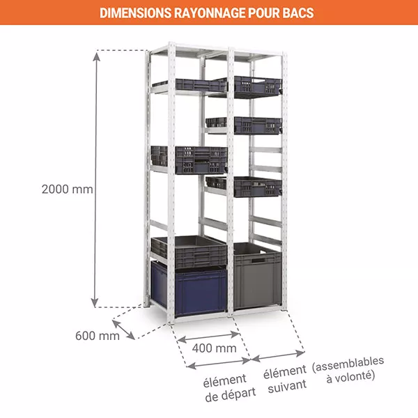 Rayonnage 4 niveaux pour bacs norme Europe 600 x 400 mm – Hauteur 2000 mm – Charge max 35 kg par tablette 3