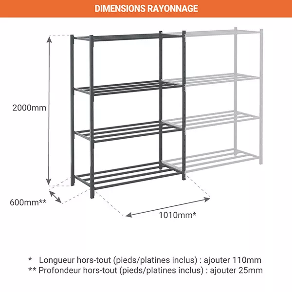 Rayonnage d&rsquo;atelier 4 niveaux tubulaire – Hauteur 2000 mm – Longueur 1010 mm – Pour stockage en atelier, garage ou entrepôt 3