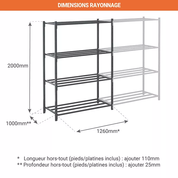 Rayonnage d&rsquo;atelier 4 niveaux tubulaire – Hauteur 2000 mm – Longueur 1260 mm – Stockage polyvalent 3