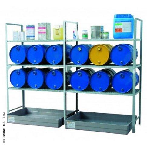 Module d&rsquo;extension 540 avec cale-fûts pour 6 fûts 60 litres et petits récipients – Pour produits non corrosifs – CEMO – Rayonnage d&rsquo;atelier – Réf. CE 7855F 1