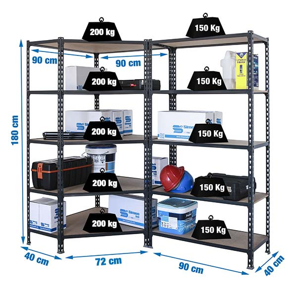 Pack 2 rayonnages d&rsquo;angle – 1 étagère d&rsquo;angle et 1 standard – Hauteur 1800 mm – Profondeur 300, 400 ou 500 mm 1