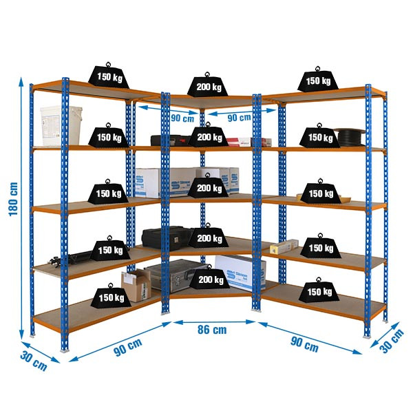Pack 3 rayonnages d&rsquo;angle – 1 étagère d&rsquo;angle et 2 standards – Hauteur 1800 mm – Profondeur 300, 400 ou 500 mm 1
