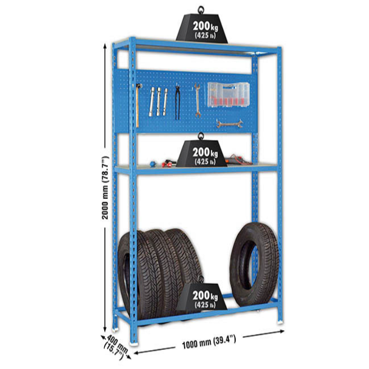Rack à pneus avec panneau perforé – 3 niveaux, charge 200 kg, hauteur 2000 mm, longueurs 1000 ou 1200 mm - Image 2