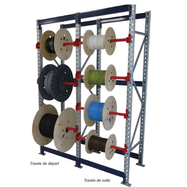 Rack à tourets léger – Stockage de bobines de câbles en acier modulaire – 3 niveaux, charge 80 kg/niveau, largeur max. 580 mm 2