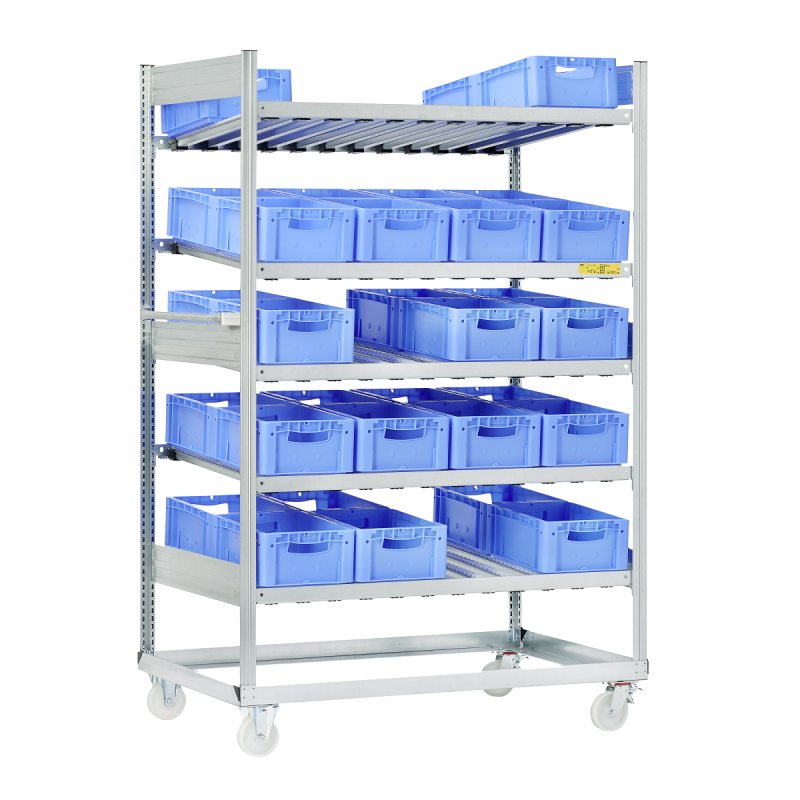 Rayonnage mobile avec rails à galets – 5 niveaux pour bacs 400×300 mm – Capacité 32 bacs – Réf. 202.4033.01 3