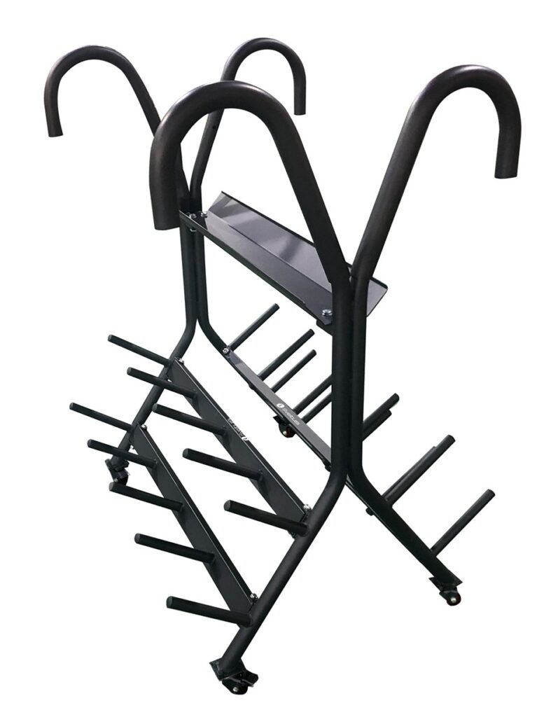 Rack mobile Sveltus RCKKMSC-SV02/MB pour 20 kits de musculation – 4 roulettes, 20 broches 210 mm, protection mousse 1