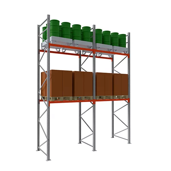 Rack à palettes 2 niveaux – Hauteur 3000 mm – Longueur 1850 mm – Profondeur 1100 mm – Capacité 1000 kg par palette 1