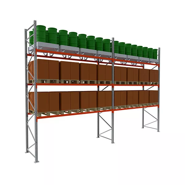 Rack à palettes 3 niveaux – Hauteur 4000 mm – Longueur 3600 mm – Profondeur 1100 mm – Stockage 16 palettes max – 1600 kg par niveau 1