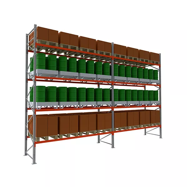 Rack à palettes grande hauteur 4 niveaux – Hauteur 5000 mm – Longueur 3600 mm – Profondeur 1100 mm – Charge max 2509 kg par niveau 1