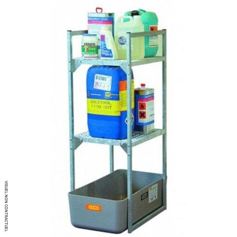 Rayonnage 120 avec caillebotis pour petits récipients et bac – Pour huiles, lubrifiants – CEMO – référence CE 7639F – acier galvanisé 1