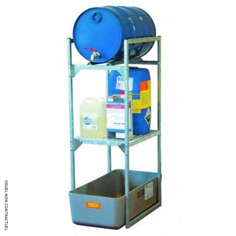 Rayonnage 120 avec support fût et caillebotis petits récipients – Pour huiles, lubrifiants – CEMO – Acier galvanisé, charge 80 kg/niveau – Réf. CE 7640F 1