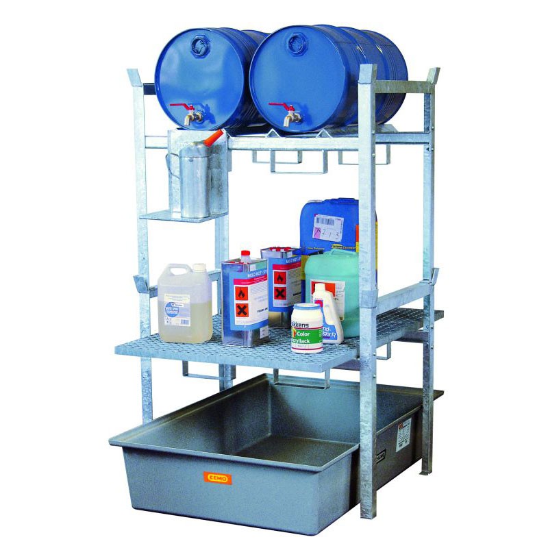 Rayonnage 2 fûts 60 litres ou 1 fût 220L avec caillebotis et bac de rétention de 220 litres – Réf. 7665F 1