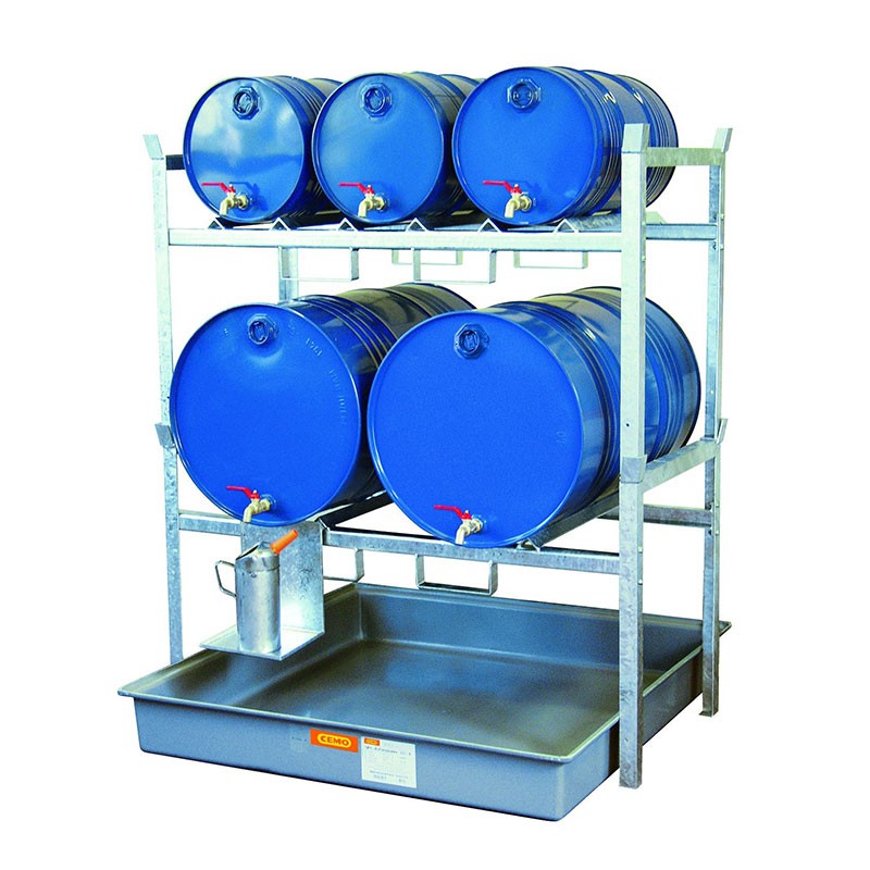 Rayonnage 3 fûts 60L et 2 fûts 220L avec bac de rétention 220L – Réf. 7672F – Stockage industriel 1