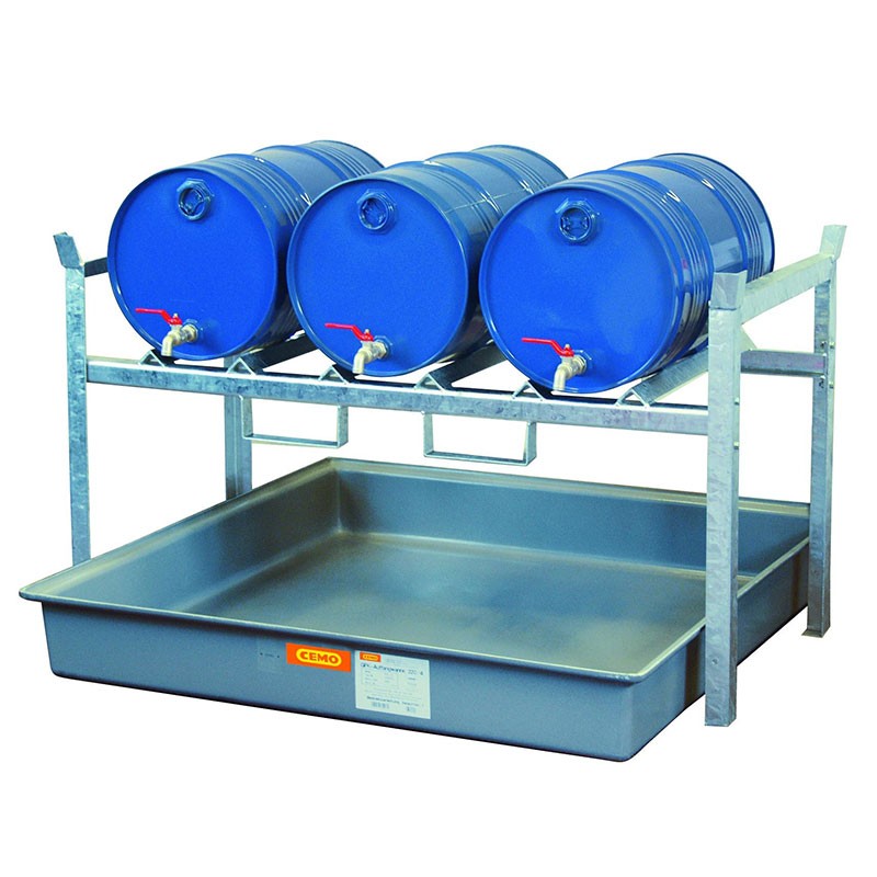Rayonnage 3 fûts de 60 litres avec bac de rétention de 220 L – Acier galvanisé – Capacité 900 kg 1