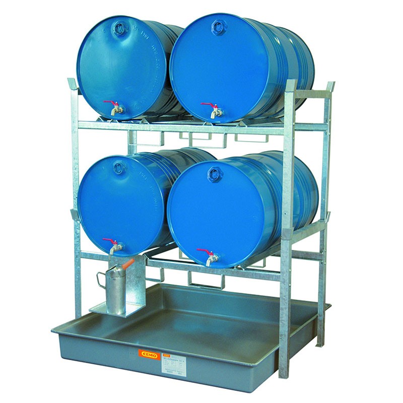 Rayonnage 4 fûts 220 litres avec bac de rétention – Acier galvanisé – Capacité 900 kg - Image 1