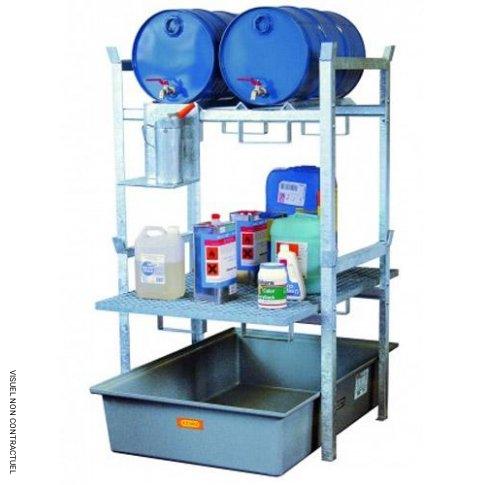 Rayonnage d&rsquo;atelier 400 CEMO – pour 2 fûts de 60 litres ou 1 fût de 220 litres et 1 caillebotis – pour huiles et lubrifiants – référence CE 7665F – charge max 250 kg par niveau – acier galvanisé 1