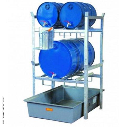 Rayonnage d&rsquo;atelier 400 CEMO – pour 4 fûts de 60 L ou 2 fûts de 220 L – charge max 250 kg/niveau – acier galvanisé 1