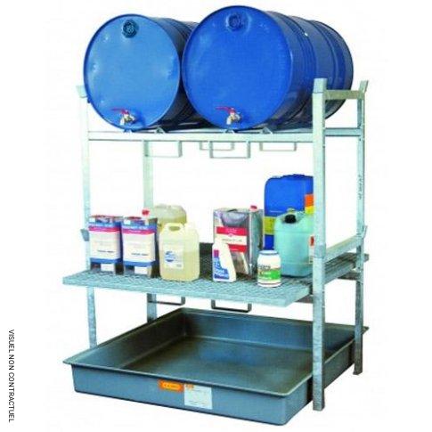 Rayonnage 800 pour 2 fûts de 220 litres et caillebotis – Acier galvanisé, charge 450 kg/niveau – CEMO CE 7673F 1