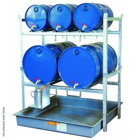 Rayonnage d&rsquo;atelier 800 pour 3 fûts de 60 litres ou 2 fûts de 220 litres – Pour huiles, lubrifiants – CEMO – Acier galvanisé – Bac de rétention 220 litres – Charge max 450 kg/niveau 1