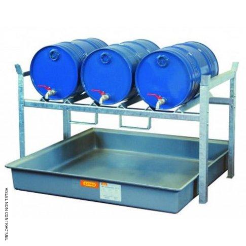 Rayonnage d&rsquo;atelier 800 pour 3 fûts de 60 litres – Pour huiles, lubrifiants – CEMO – Bac de rétention 220 litres, charge max 450 kg par niveau 1