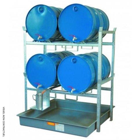 Rayonnage 800 pour 4 fûts de 220 litres – Pour huiles, lubrifiants – CEMO – Réf. CE 7671F – Acier galvanisé – Charge max 450 kg/niveau 1