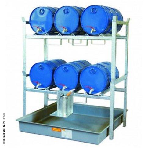 Rayonnage 800 pour 6 fûts de 60 litres – Pour huiles, lubrifiants – CEMO – Acier galvanisé à chaud – Bac de rétention 220 L – Charge max 450 kg/niveau 1