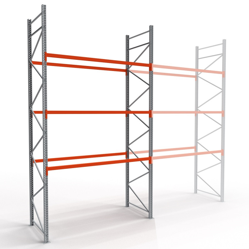 Rayonnage à palettes H4500 – Palettier 3 niveaux, charge max 2850 kg, lisses oranges, fabrication française 2