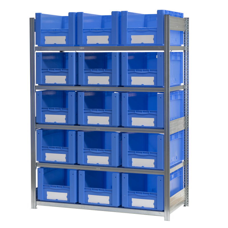 Rayonnage à bacs XL gerbables norme Europe – hauteur 1850 mm – charge 100 kg/niveau – bacs bleu ou rouge 1