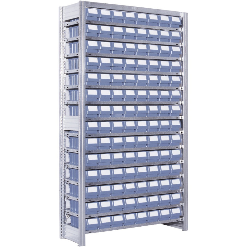 Rayonnage à tablettes équipés de bacs RK – 40 bacs – 1850 mm de haut – Charge 70 kg/niveau 3