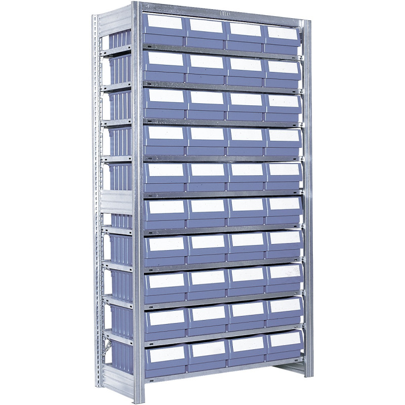 Rayonnage à tablettes équipés de bacs RK – 40 bacs – 1850 mm de haut – Charge 70 kg/niveau 1