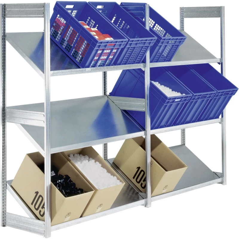 Rayonnage à tablettes inclinées 30° – Hauteur 1850 mm – 3 niveaux – Charge 100 kg/niveau – Réglable au pas de 25 mm 1