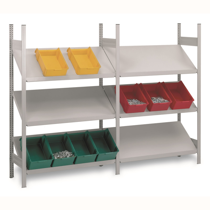 Rayonnage à tablettes inclinées – Hauteur 2000 mm pour bacs Europe – Acier galvanisé – 3 niveaux – Charge 100 kg/niveau 1