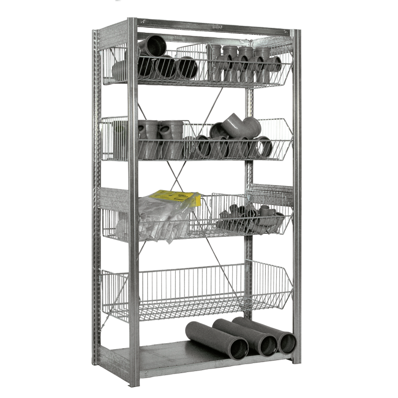 Rayonnage avec paniers en fil d&rsquo;acier – Rack de stockage léger – Hauteur 1850 mm – Charge panier 35 kg 1