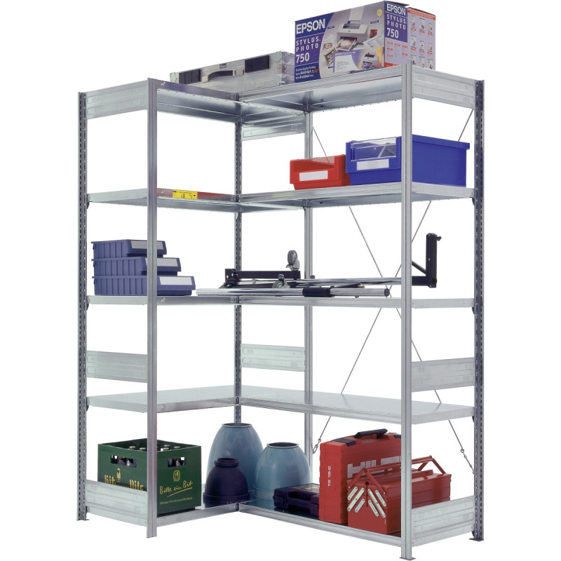 Rayonnage d&rsquo;angle modulaire – Hauteur 2000 ou 2500 mm, profondeur 300 à 600 mm – Galvanisé 1
