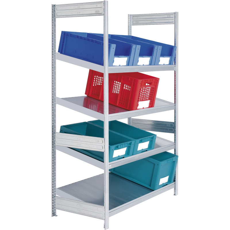 Rayonnage d&rsquo;approvisionnement simple profondeur – 4 tablettes acier inclinées 10° – Hauteur 2000 mm – Longueur 1000 ou 1300 mm 1