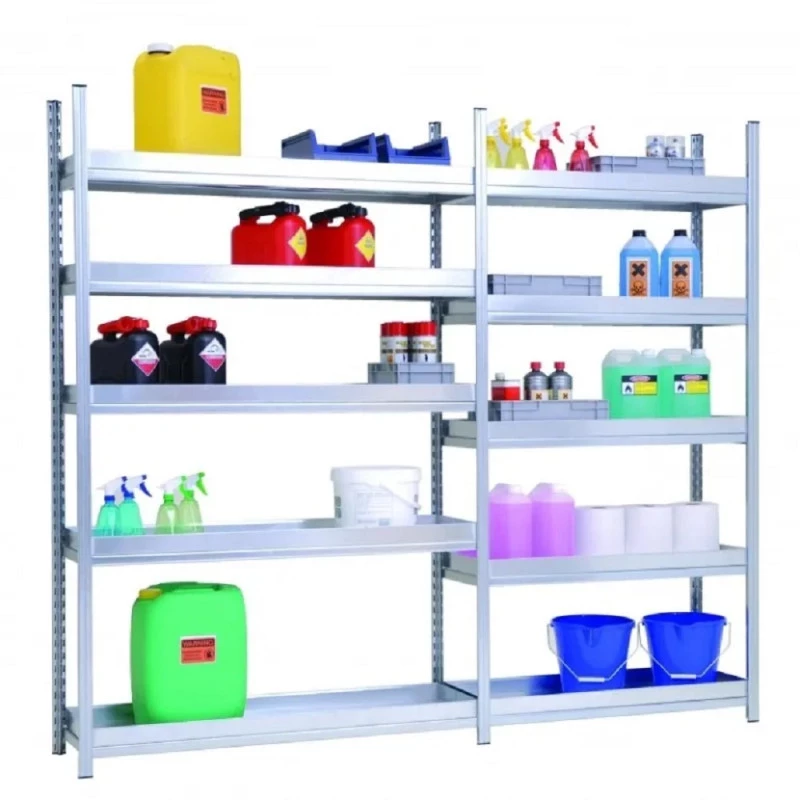Rayonnage de rétention acier sans caillebotis – 5 étagères – Hauteur 2000 mm – Charge 175 kg/étagère – Capacité 20 L/étagère 1