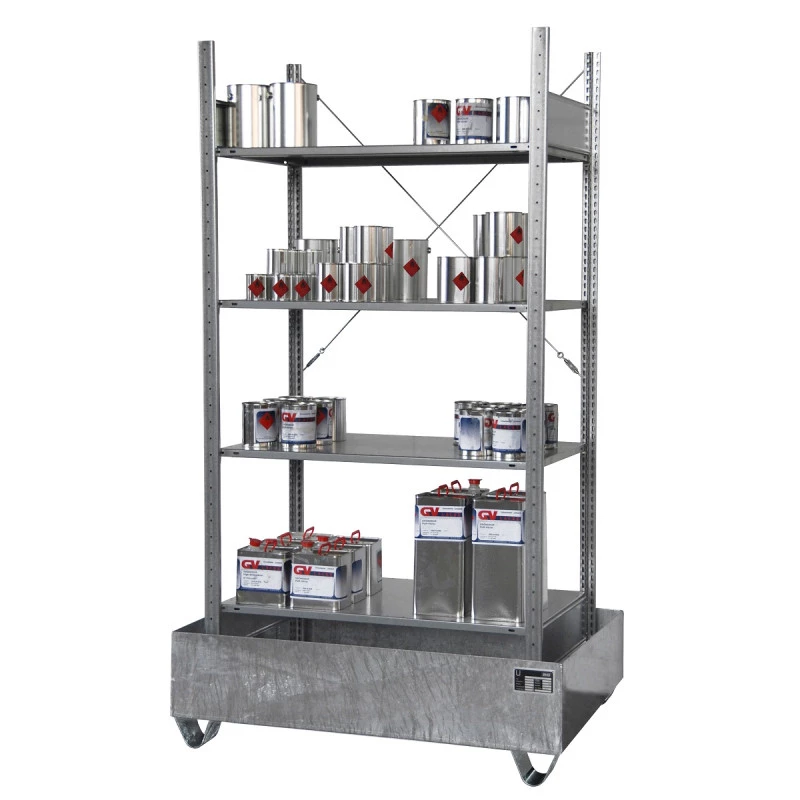Rayonnage de rétention galvanisé 4 niveaux – Bac au sol 243 L ou 279 L – Charge 150 kg/niveau 2